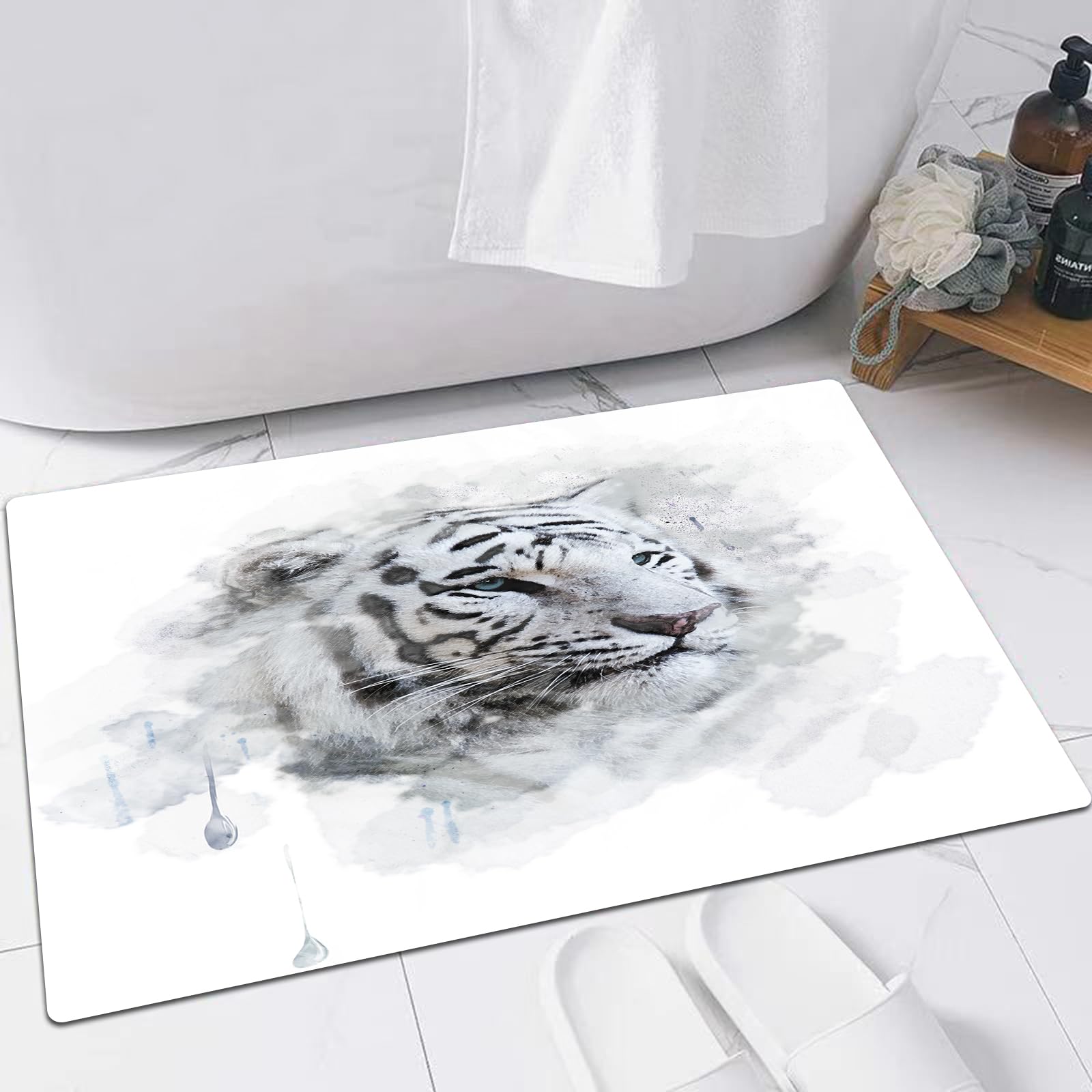 EMFSLA Bath Mat 24x35 in,Animal, artistic portrait of a white tiger, wild nature, predator,Non-Slip Bathroom Mat Machine-Washable,Ultra Soft and Water Absorbent Bath Rug for Bathroom