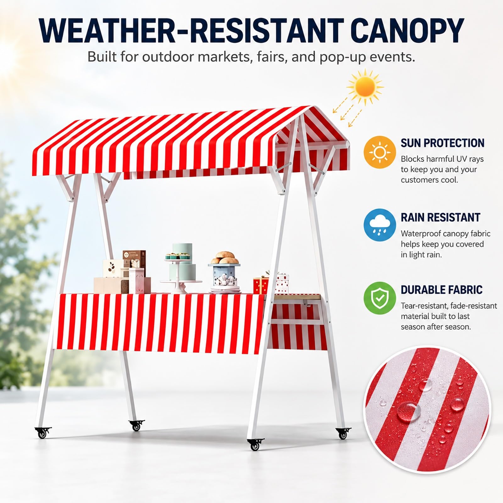 Puesto de Venta con Toldo y Ruedas, Carrito de Venta Plegable para Street Food, Stand de Venta Portátil para Ferias, Puesto Ambulante(Yellow,130x60cm/51x24in)