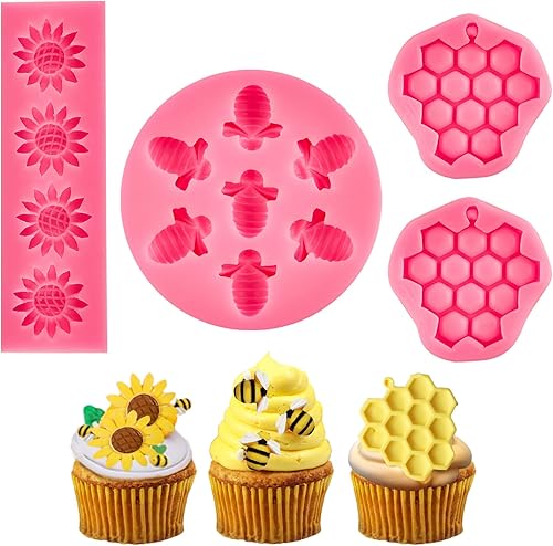 Ocmoiy Molde de silicona de abejas 4 piezas molde de abeja girasol y abeja para decoración de pasteles azúcar chocolate dulces y moldes para hornear