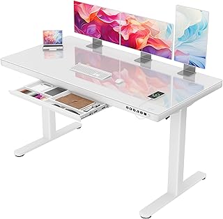 Homall Glas Höhenverstellbarer Schreibtisch, 140 x 70 cm Elektrischer Höhenverstellbarer Schreibtisch mit Schublade, Sitz- und Steh-Schreibtisch für Home Office, weiß