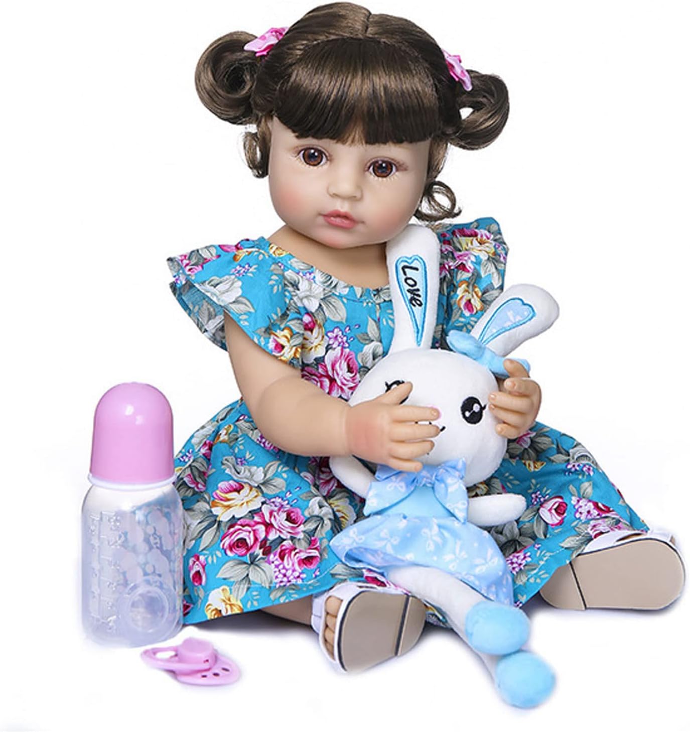 LBYLYH Reborn Baby Girls Doll Full Body Silicone Vinyl Handmade Weighted Reborn Newborn Waterproof Babies for Girls Baby Kids Toy, Blue Floral Dress