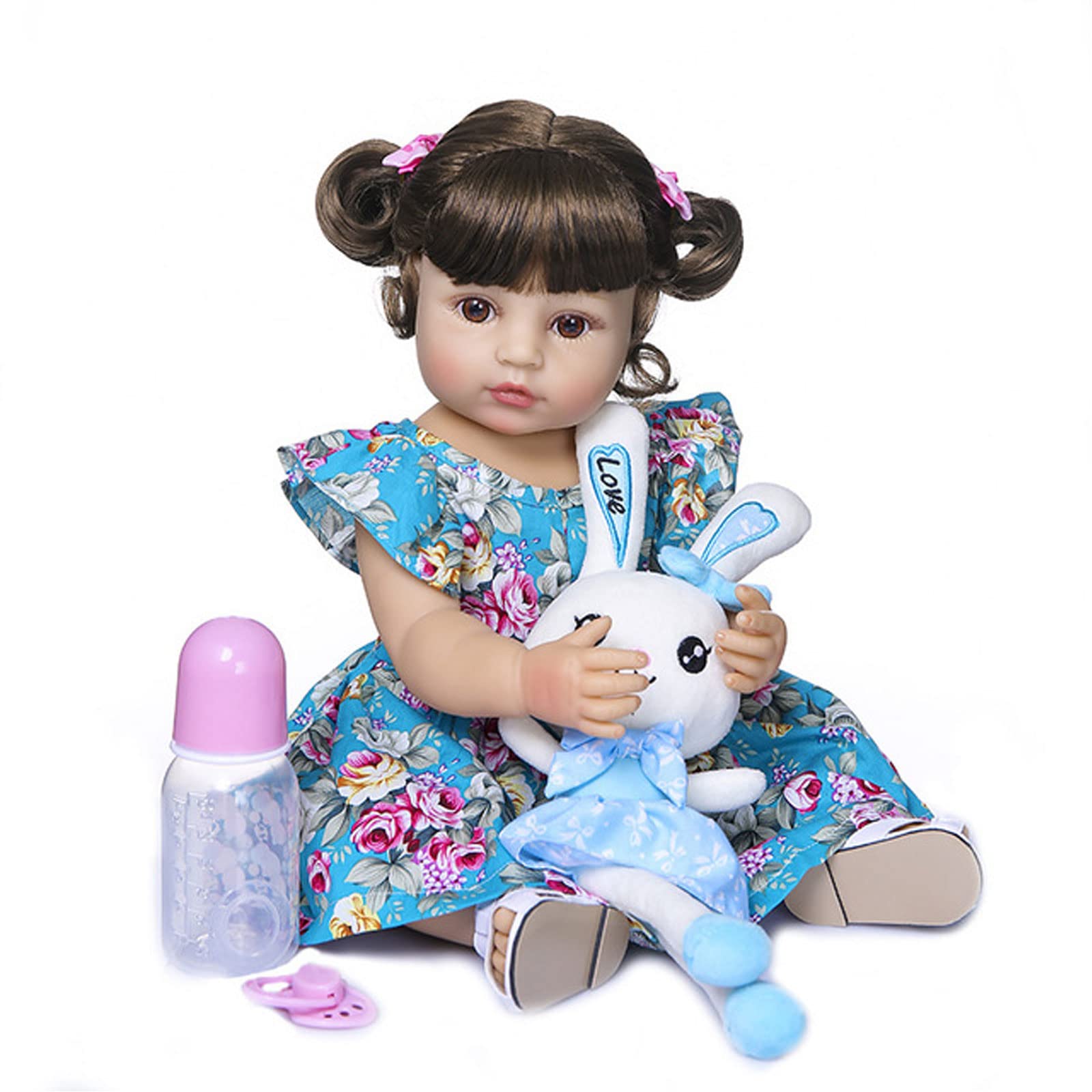 LBYLYH Reborn Baby Girls Doll Full Body Silicone Vinyl Handmade Weighted Reborn Newborn Waterproof Babies for Girls Baby Kids Toy, Blue Floral Dress