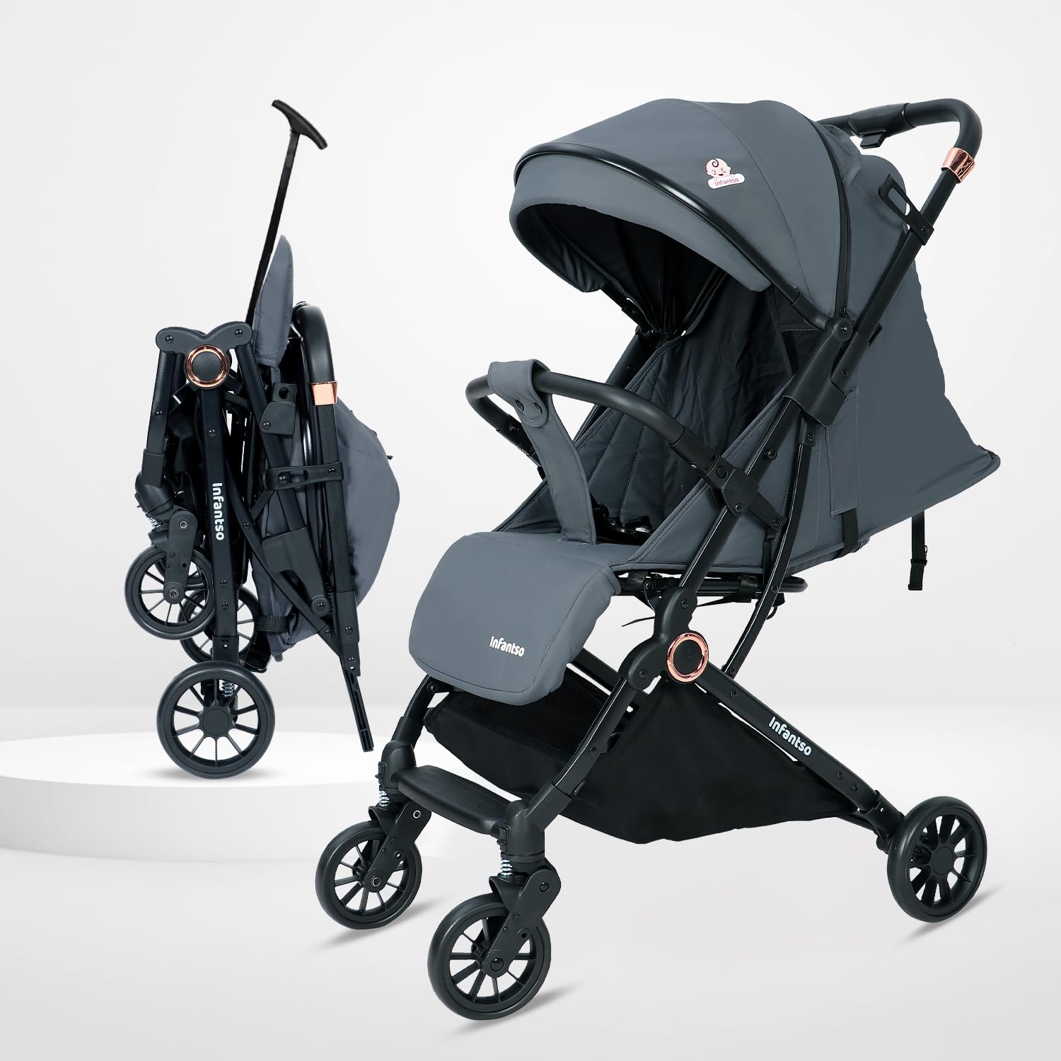 Infantso RIDE-X Baby Stroller / Pram for Baby with 5 Point Safety Harness, Multi Level seat Recline & Spacious Cushioned seat, One-Hand Fold and 360° Rotating Wheels, Travel Friendly, Extendable Canopy, Adjustable Footrest, Shock Absorption Wheels, Lightweight Stroller for 0 to 3 Years (Grey)-image-2