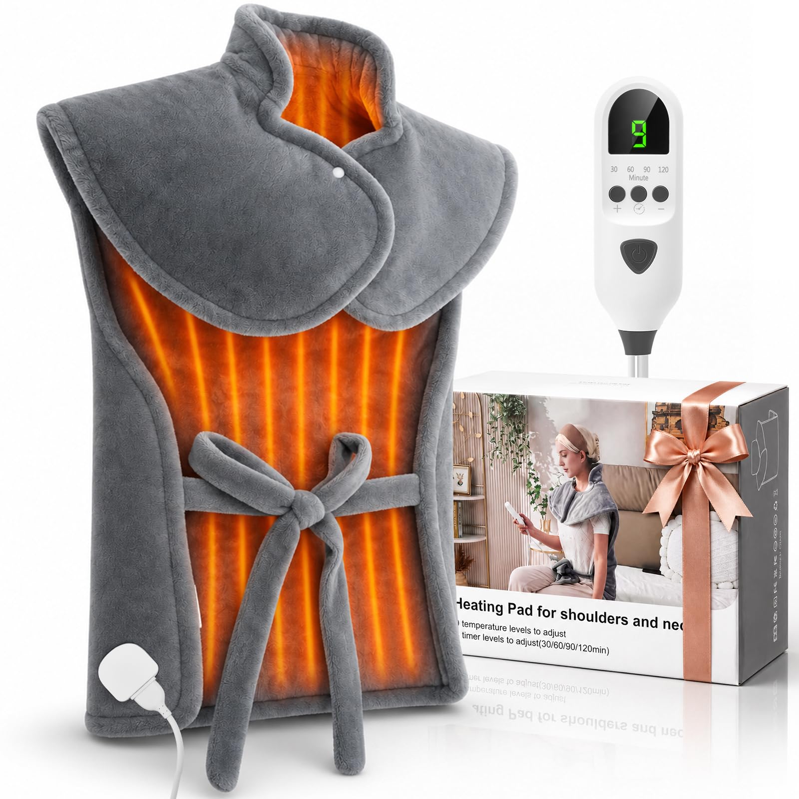 Coussin Chauffant Électrique pour Dos, Nuque, Épaules, Coussin Chauffant Cervicales avec 9 Niveaux de Chaleur, 4 Minuteries Protection Surchauffe, Lavable en Machine, pour Maison et Bureau.