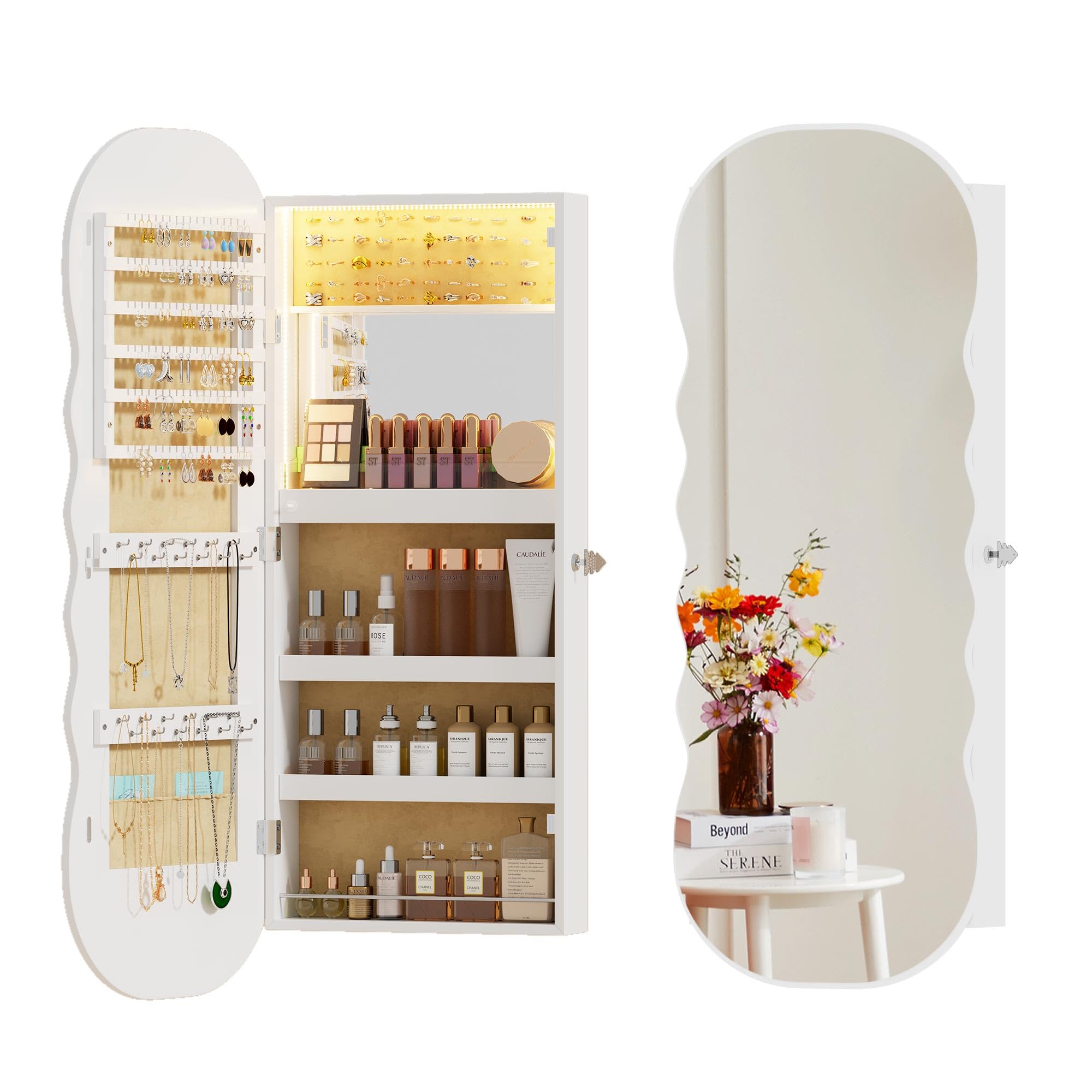 Lvifur Jewelry Armoires with LED Lights Hanging Jewelry Storage Cabinet Lockable Wavy Mirror Jewelry Organizer Lockable Frameless Mirror