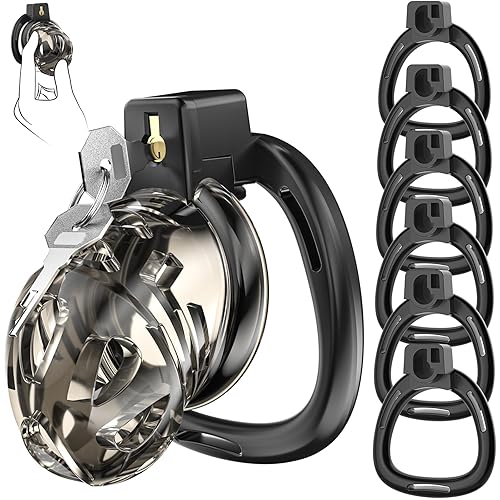 Male Chastity Cage - Soft Silicone Cock Cage with 6 Adjustable Rings, Lightweight Penis Lock Device, Invisible Design, Comfortable Submissive Control & Long-Term Bondage Play, Adult BDSM Sex Toys - Black - M