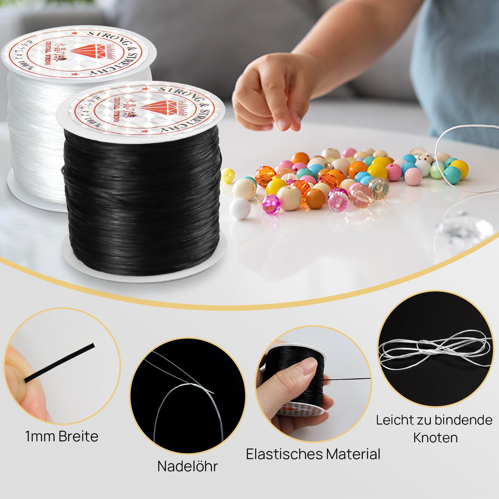 Suofuolef 2 spoelen elastiek voor armbanden, 120 m x 0,8 mm elastische band voor armbanden met parelnaald en schaar voor het maken van sieraden, halskettingen, doe-het-zelf knutselen, zwart wit