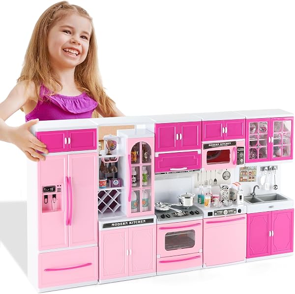 SOCBTNSO 64 PCS Pink Kitchen Toys with Lights Sounds|Mini Kitchen House Furniture Sets for Kids Ages 4-8|Doll Playset To