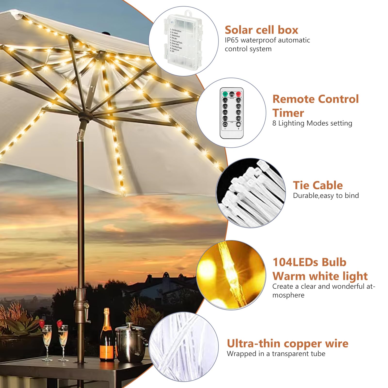 Sonnenschirmbeleuchtung, Sonnenschirm Lichterkette, 104 Led, 8 Modi, Led-Sonnenschirm-Lichterkette, Terrassenschirm-Lichter, Regenschirm Lichterkette Mit Fernbedienung, Batteriebetrieben