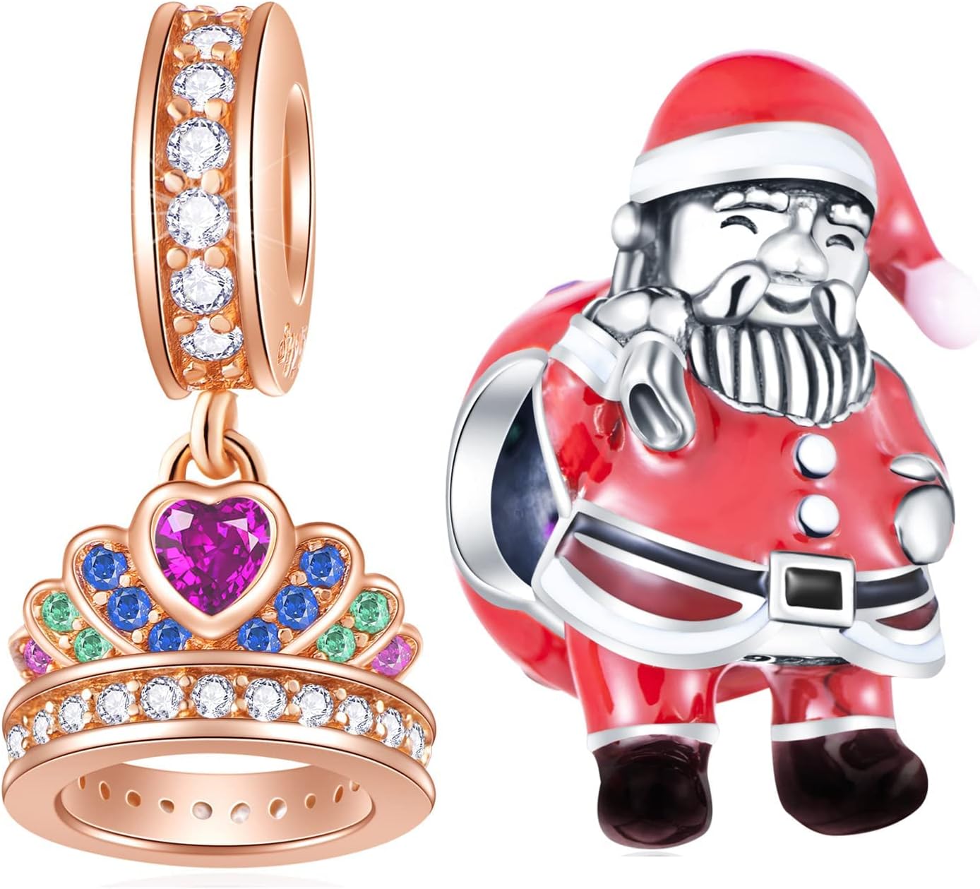 GEMDAZZ Christmas Charm Set Fit Bracelet, Rose Gold Princess Crown Charm and Red Santa Claus Charm in 925 Sterling Silver, Xmas Gift for Girl/Daughter