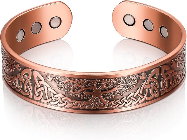 Copper Magnetic Bracelet for Men Women Life Tree Copper Bracelet Solid Cuff Bangle with 6 Magnets Red Copper Magnet Energy Bracelet, Adjustable Size with Velvet Bag (Bronze)