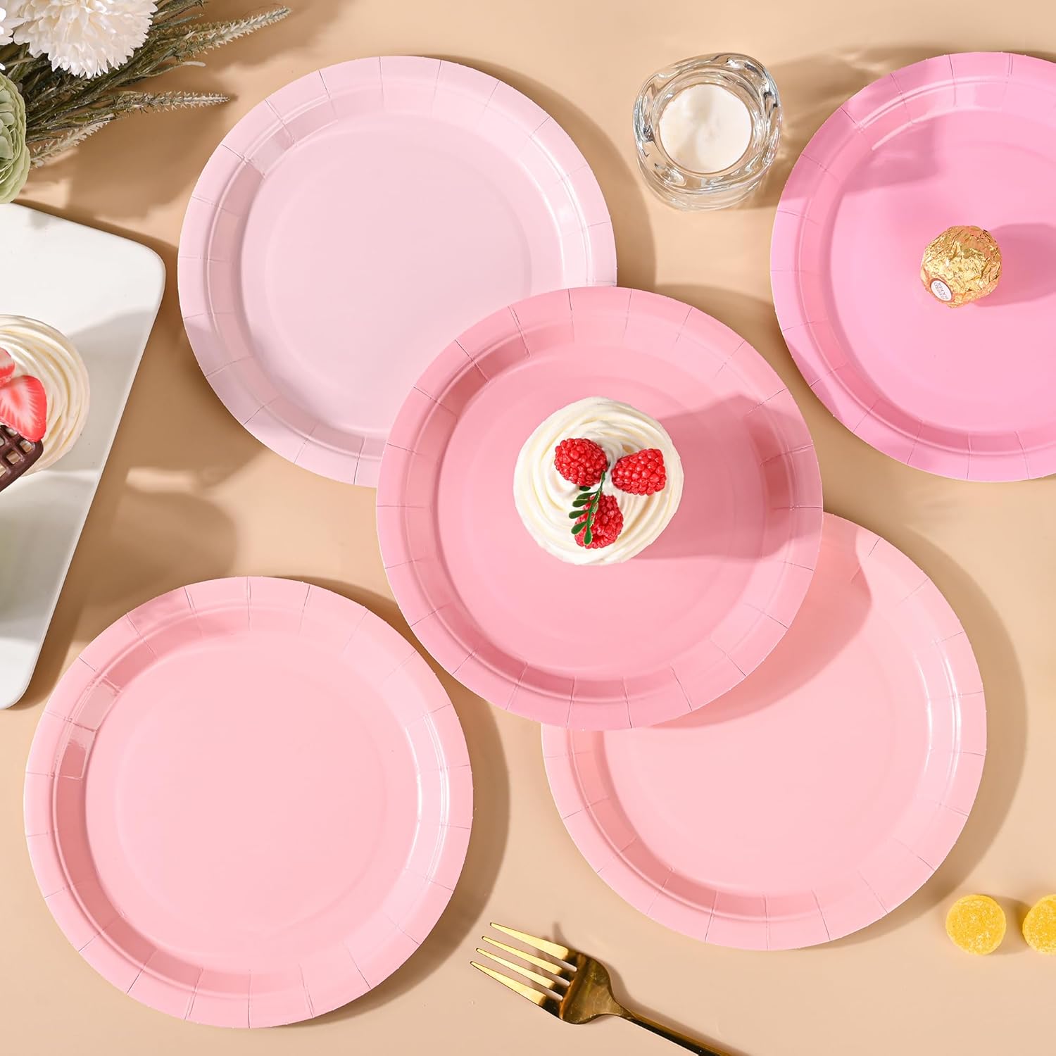 Pink Paper Plates Gradient Pink Party Plates 7”Disposable Round Dessert Plates for Birthday Wedding Bridal Engagement Baby Shower Party Supplies 4 Colors (24) - Image 3
