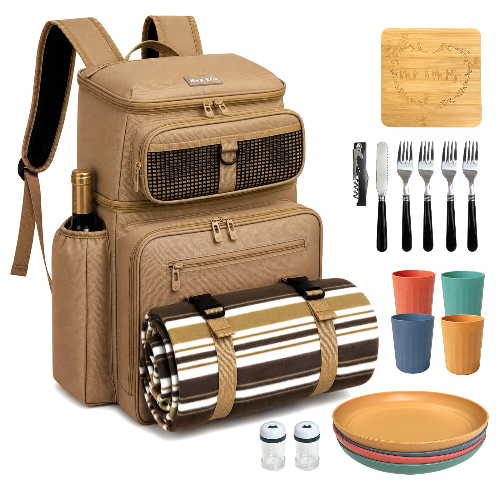 Hap Tim Large Picnic Basket Backpack for 4 with Insulated Cooler - Dry-Wet Separated, Multi-Pocket Organizer, Gifts for Couples, Wedding, Bridal Showers (TAN)