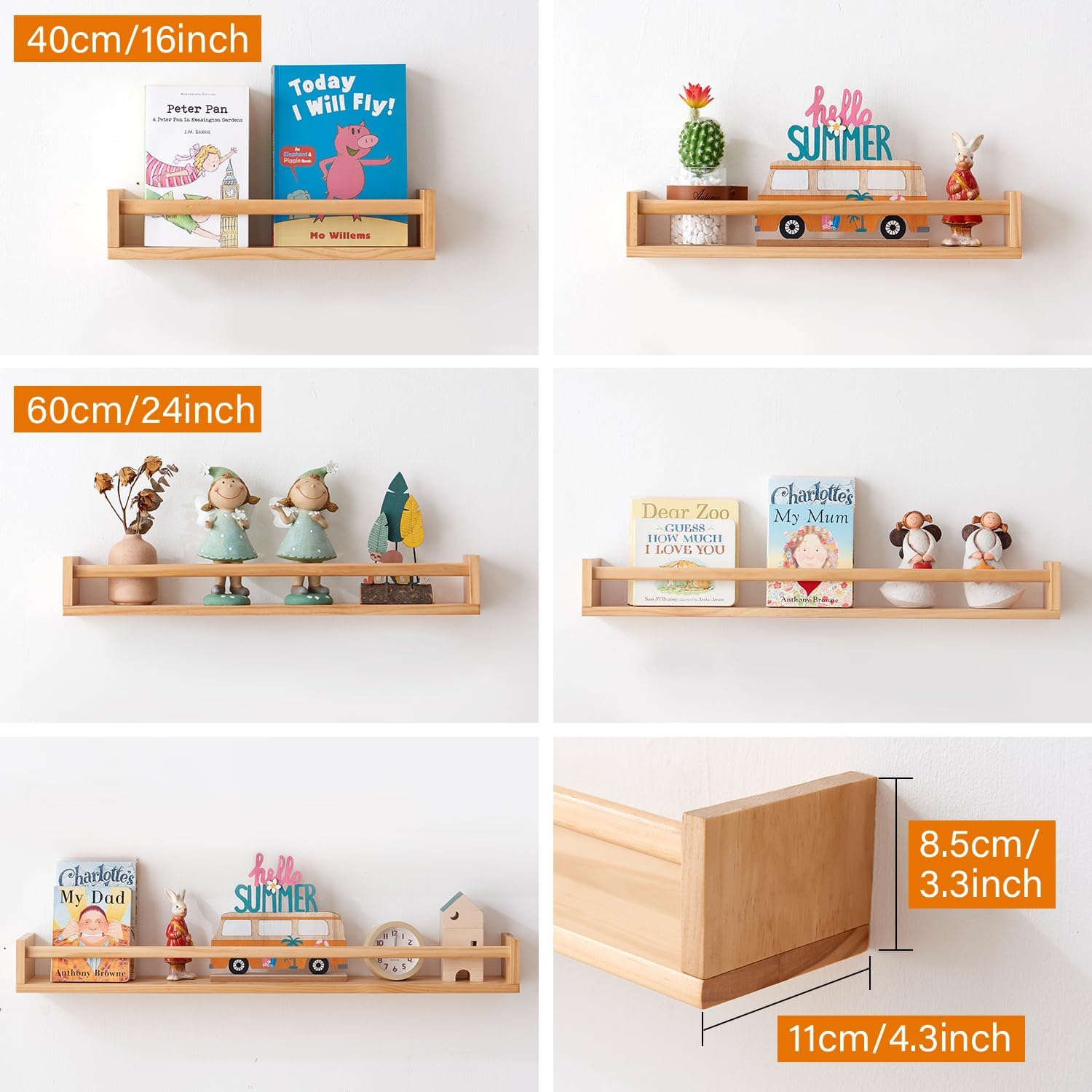 Pine Wood Nursery Shelves 16 inches - Set of 2 Wall Mounted Floating Bookshelves for Kids and Nursery, Ideal for Books, Toys, Spice Rack Thick Floating Shelves, Natural