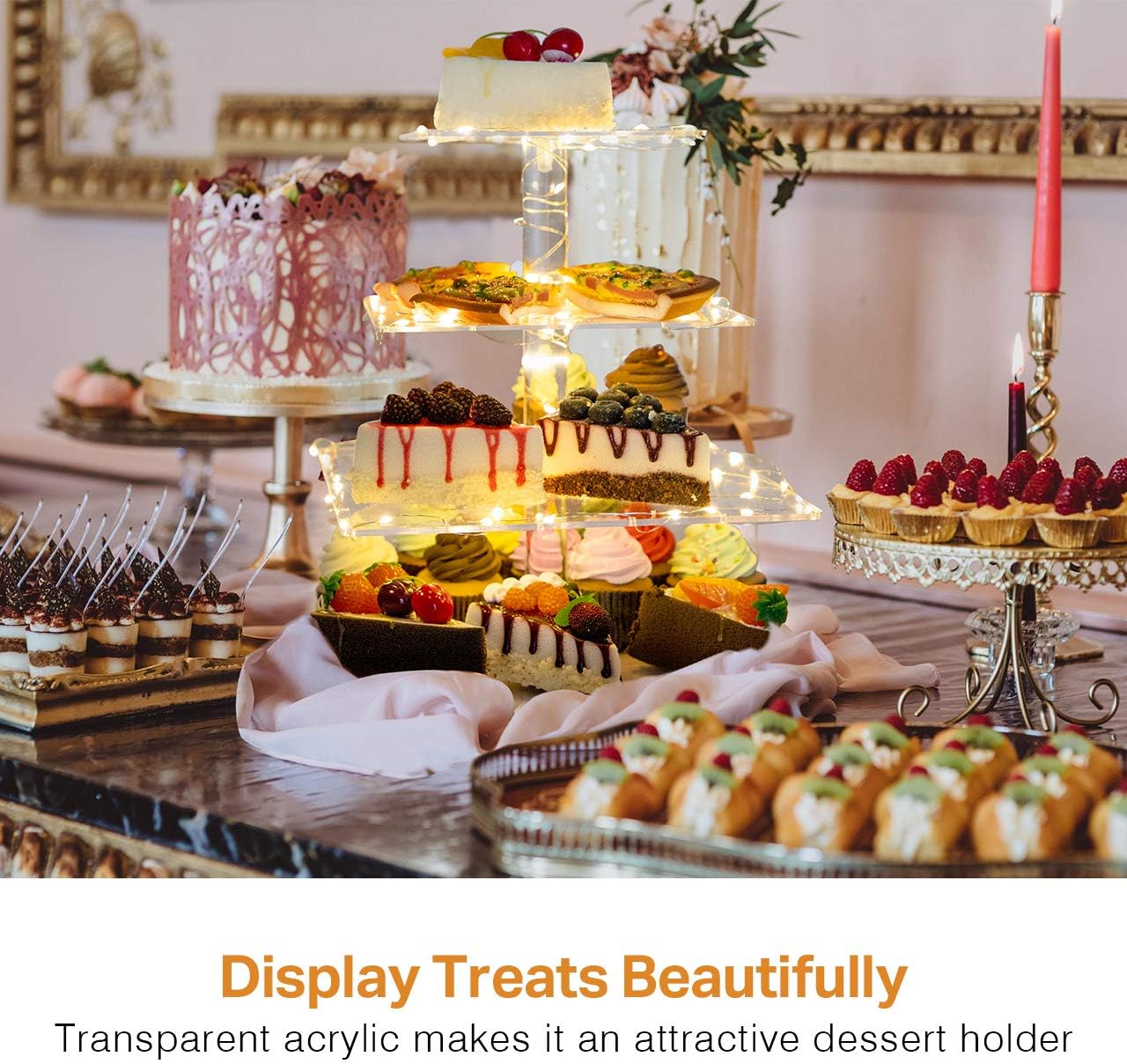 Kootek 4 Tier Square Cupcake Stand with LED String Light Acrylic Dessert Tower Tiered Tree Cake Display Stands Pastry Serving Platter and 4 Pcs Batteriesfor Wedding Birthday Holidays (Yellow)