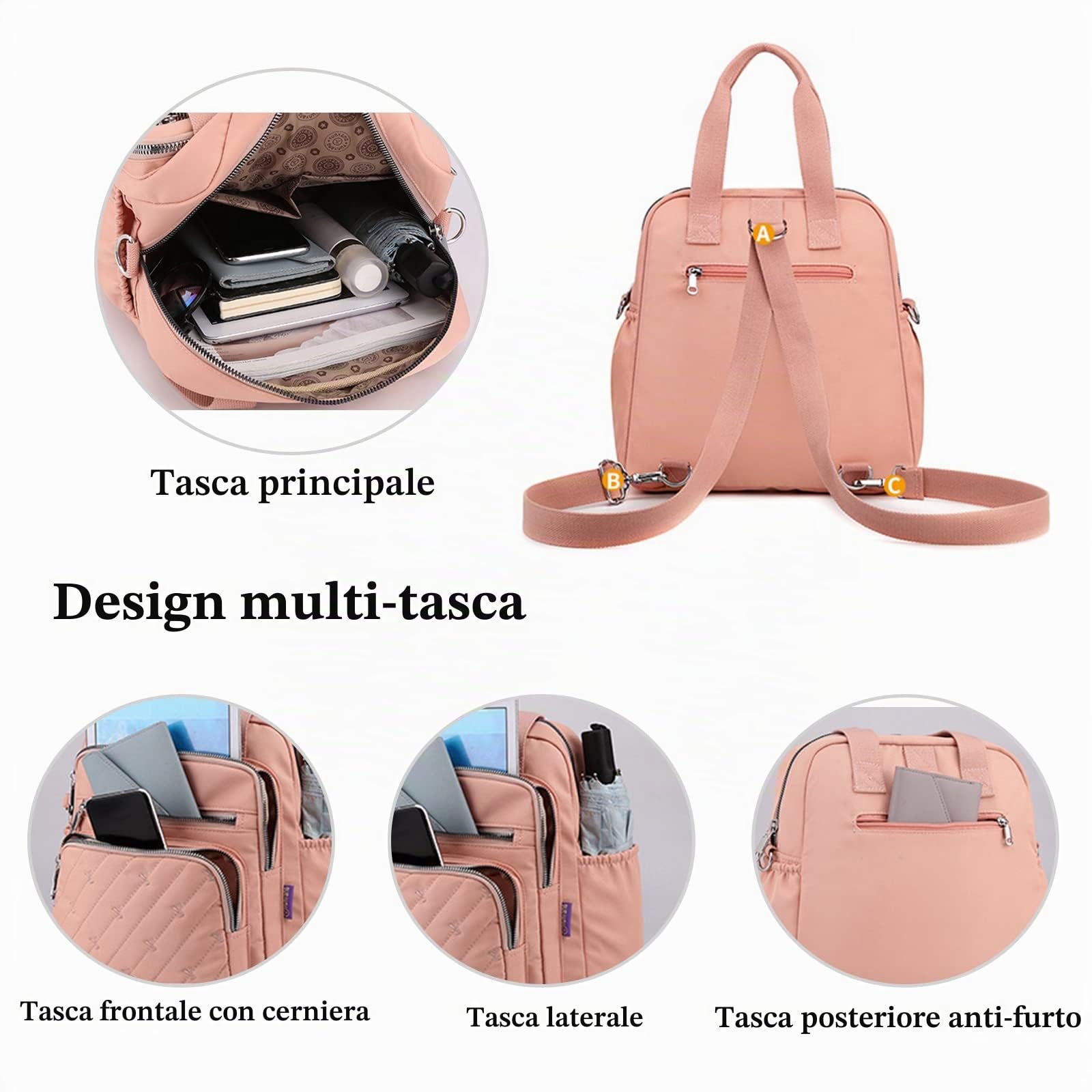 Zaino Moda Borsa a Spalla Donna Borsetta con Porta Ricarica USB Nylon Borse a Tracoll Daypack Borsa da Scuola Lavoro Viaggio Uso Quotidiano Zaini