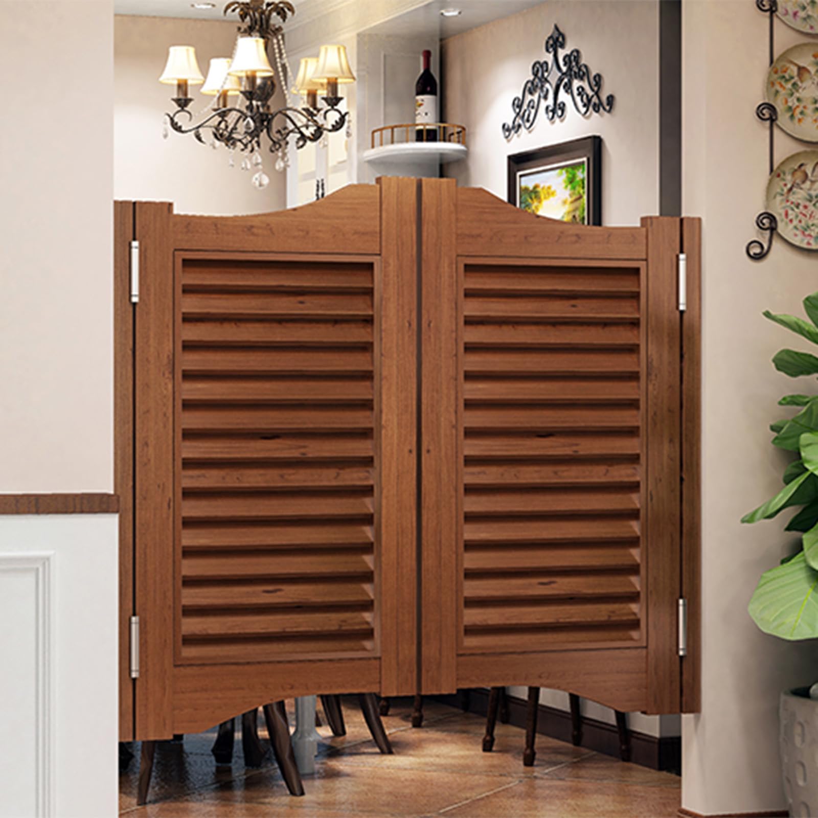 Cafe Swinging Doors for Kitchen Bar, Retro Louvered Saloon Swing Door, Solid Wood Cowboy Partition, Auto Close Fence Brown B - W80×H90cm(Double Door) — image 1