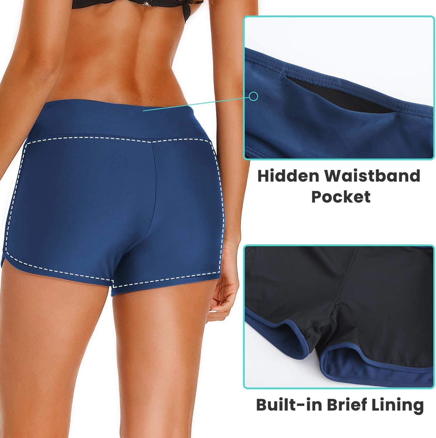 HODOSPORTS Women's 3" High Waisted Swim Board Shorts UPF50+ Quick Dry Swimsuit Bikini Bottoms with Liner - Image 4