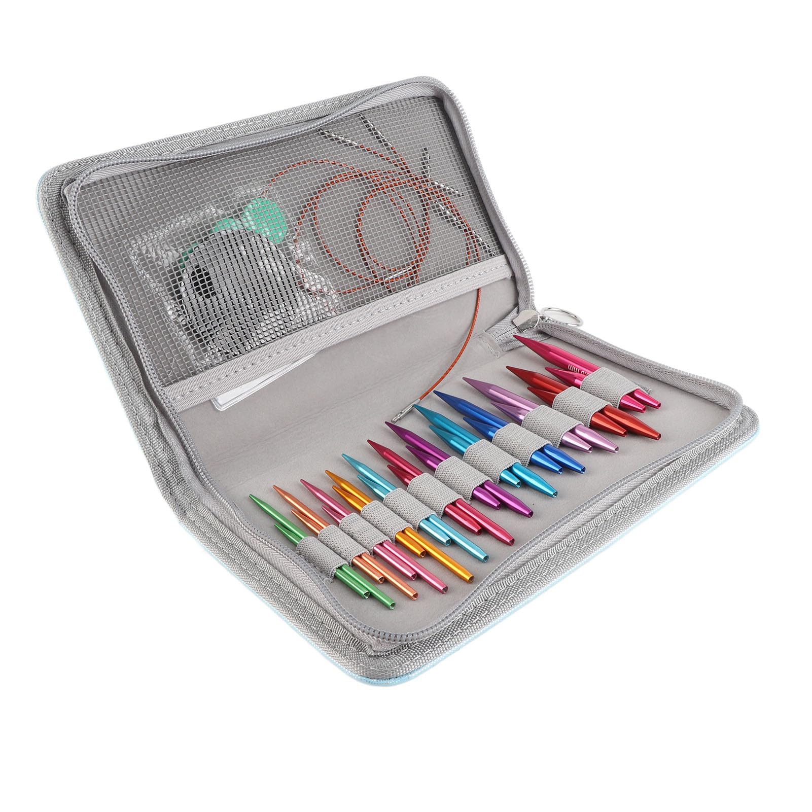 Jiawu Juego de Agujas Circulares Intercambiables, 24 Agujas de Aluminio de 3 a 8 Mm, Circulares de Aluminio Oxidado con 4 Cables, 2 Extensores, 2 P, Bolsa de Almacenamiento de 4 Botones