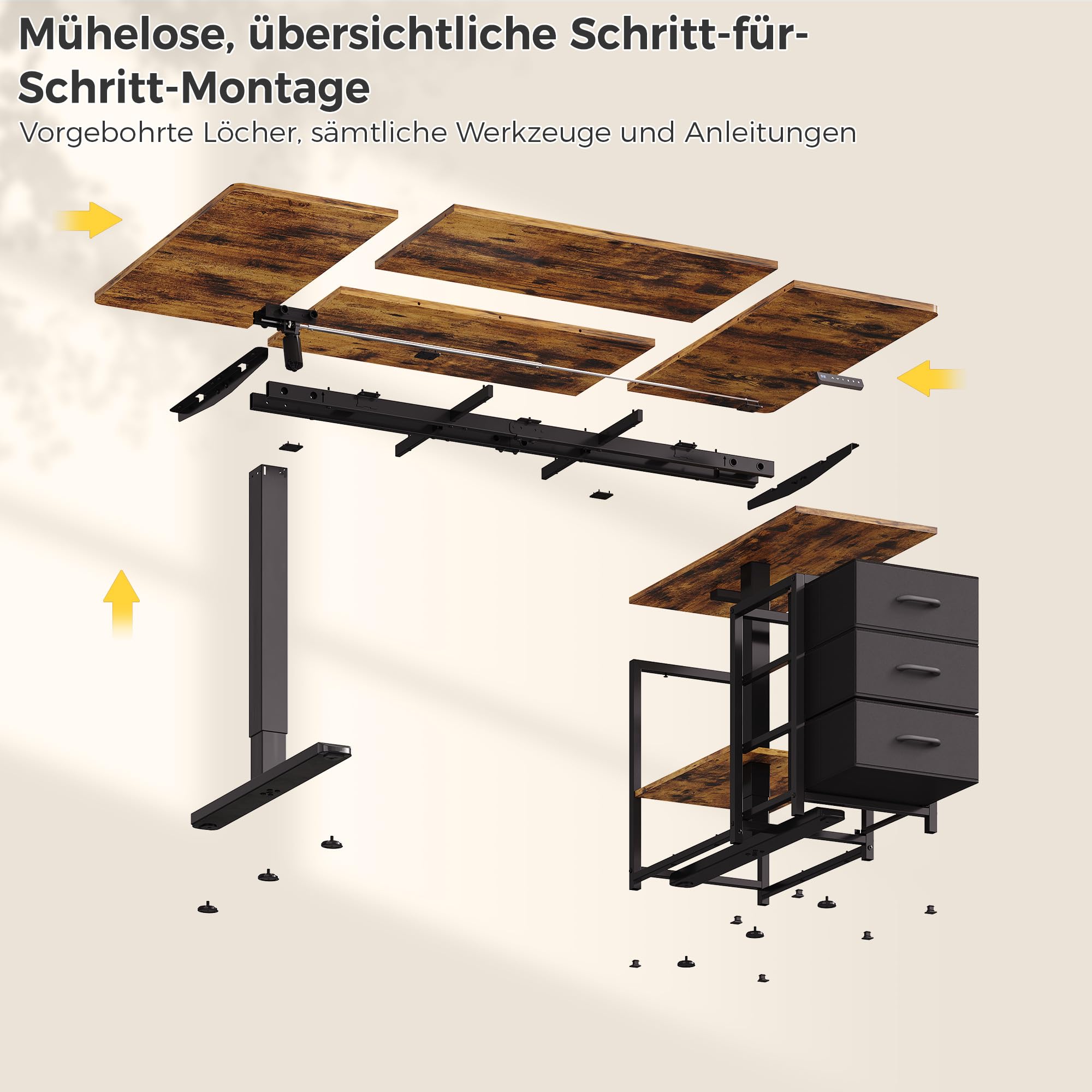 IRONCK Höhenverstellbarer Schreibtisch 160x80cm mit Steckdose, 3 Schubladen | Reversible Elektrisch Computertisch, USB-C-Anschluss, 3 Speichertasten, stufenlos verstellbar, Stehtisch für Büro, Braun