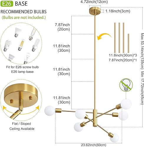Miniatura 2 de Sputnik - Candelabros modernos dorados de 12 luces de mediados de siglo para sala de estar, cocina, dormitorio, comedor y granja