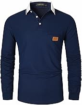 Men's Cotton Polo Shirt Long Sleeve Patchwork Checked Casual Basic T-Shirt with Pocket