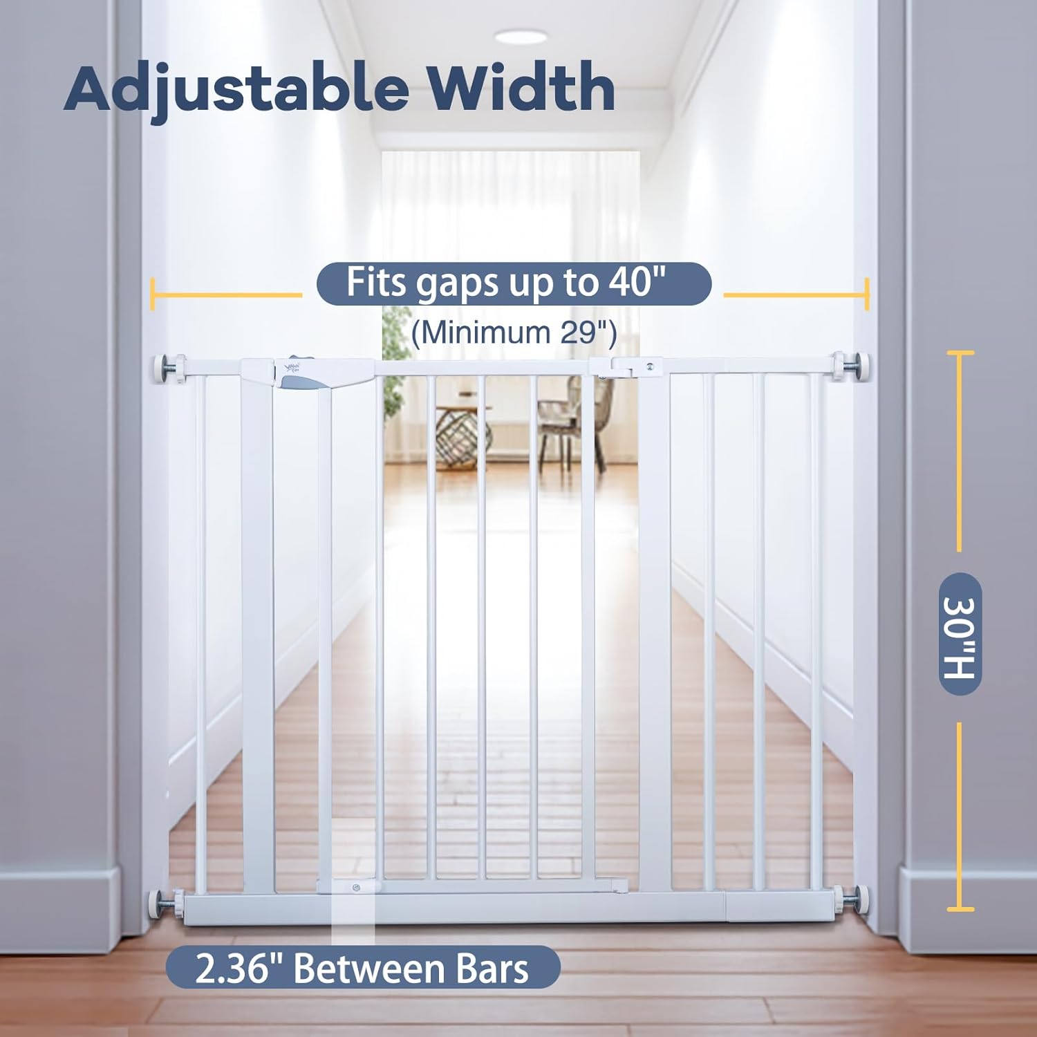 Baby Gate 29-40 Inch for Stair Safety Gates for Toddlers Stairs Door Gate for Babies Room Pressure Mounted Stairs for Kids Pet Gates for Dogs Indoor with Door Child Gate for Doorways, White