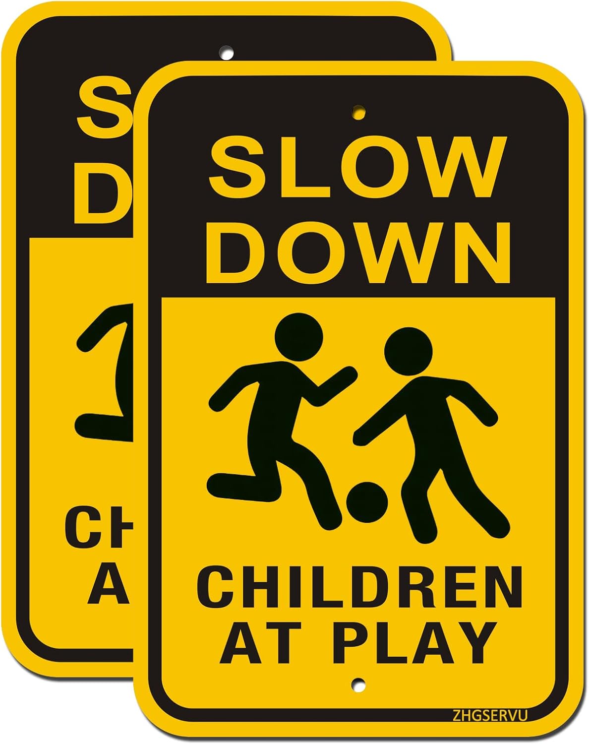 Slow Down Kids and Pets at Play Signs 4-Pack, 18” x 12” Reflective Metal Children Playing Safety Signs, Rust Free Aluminum, UV Protected Neighborhood Street Caution Yard Signs