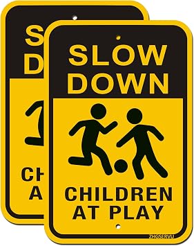 Slow Down Children at Play Signs 2-Pack, Reflective Metal Children Playing Safety Signs, 18 x 12 Rust Free Aluminum, UV Protected Neighborhood Street Caution Safety Yard Signs