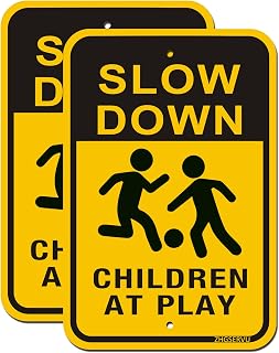 Slow Down Children at Play Signs 2-Pack, Reflective Metal Children Playing Safety Signs, 18” x 12” Rust Free Aluminum, UV Protected Neighborhood Street Caution Safety Yard Signs