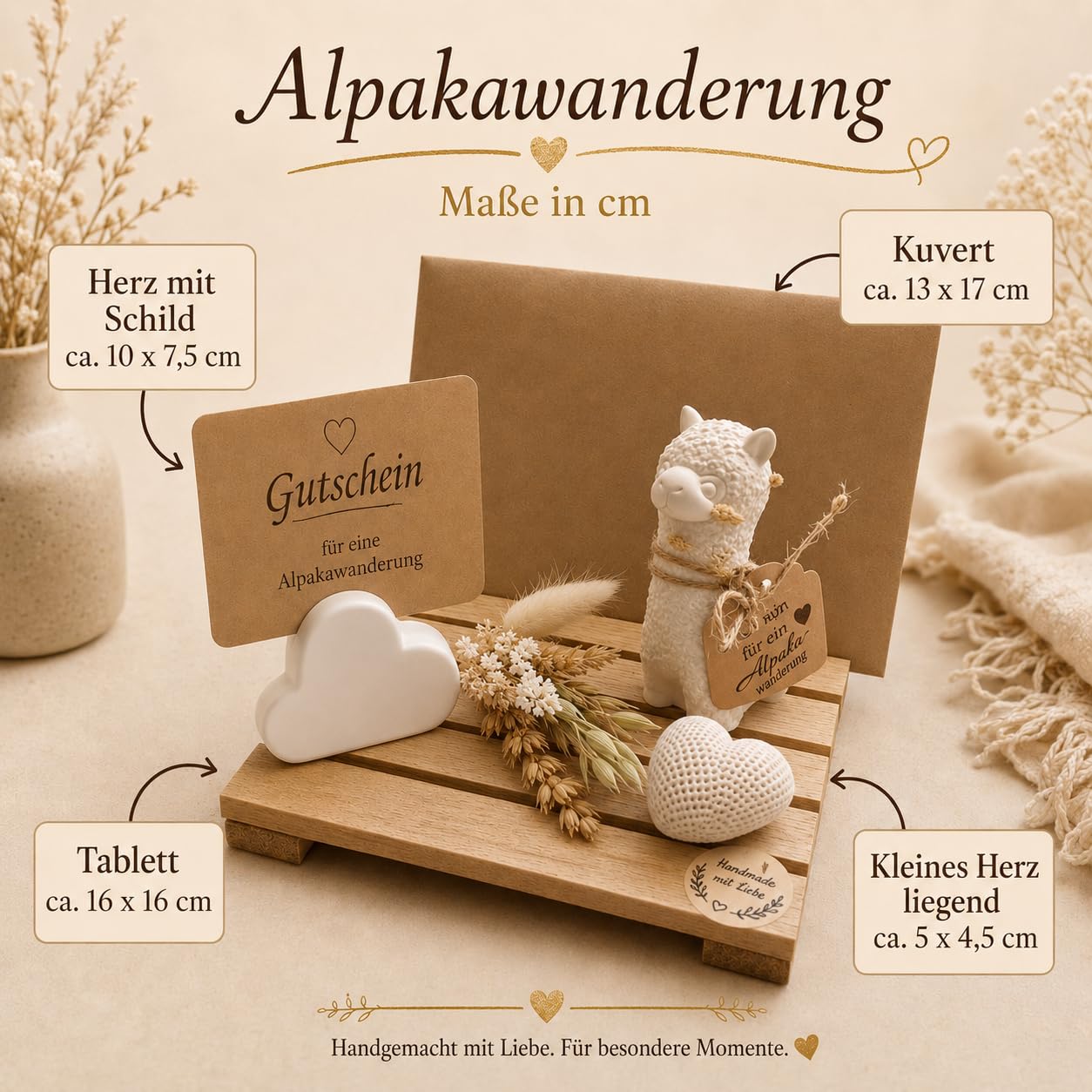 Alpaka Gutscheinhalter Geschenk für Alpakawanderung, handgemachte Geschenkverpackung mit Holztablett, Kuvert, Herzhalter und Alpaka-Figur, ohne Gutscheinwert