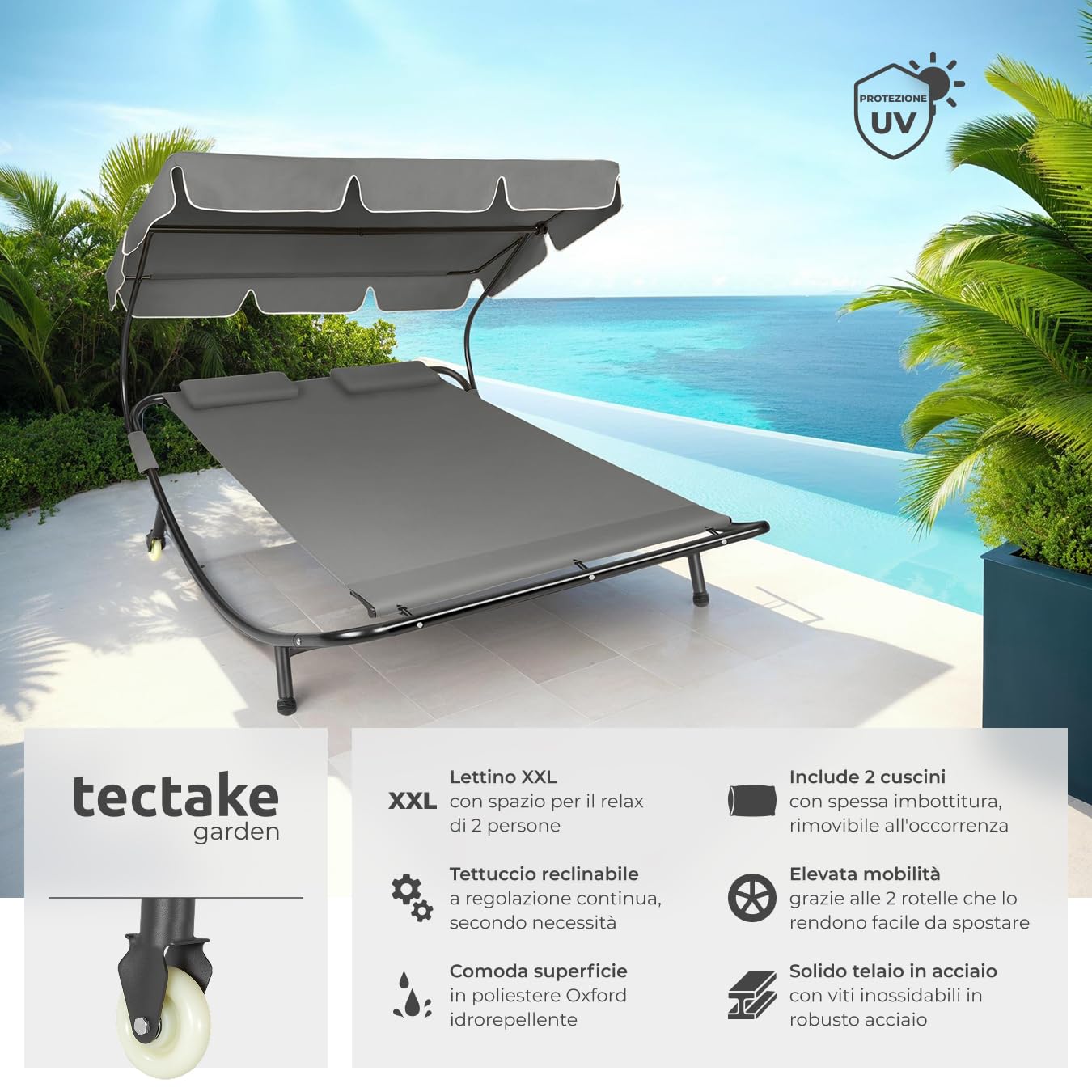 Tectake Lettino Prendisole Doppio con 2 Cuscini da Esterno, Telaio in Metallo, Rotelle, Tenda da Sole Pieghevole - Nero/Grigio