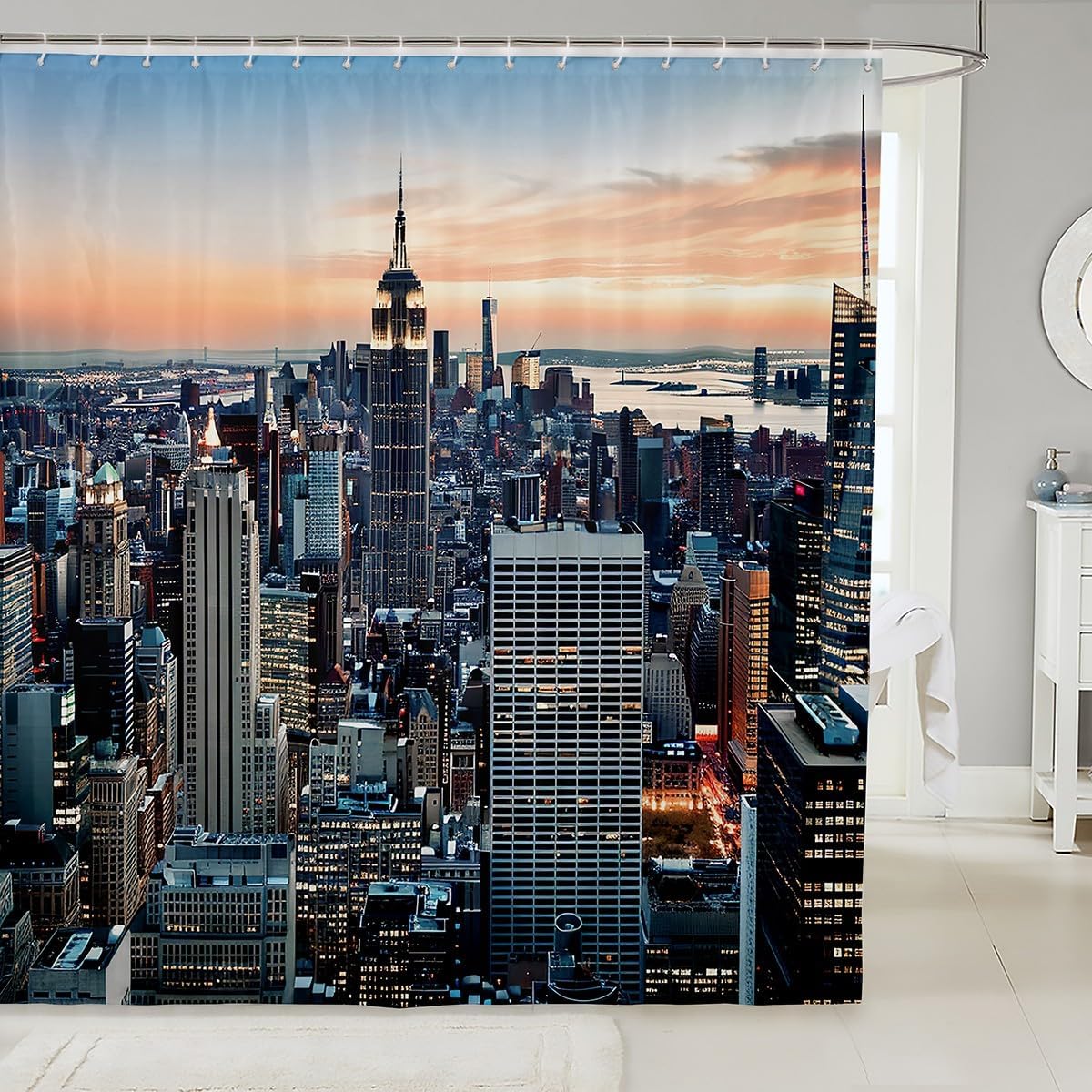 New York Shower Curtain New York City Manhattan Skyline Cityscape Waterproof Bath Curtain Contemporary Artistic Sunset Landscape Bathroom Set with 12 Hooks for Stalls Bathtubs Decorations 72"Wx84"L