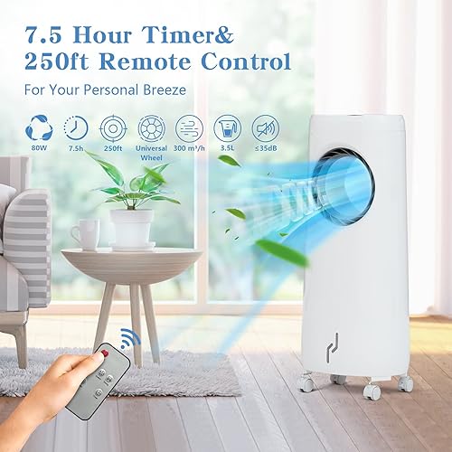 Miniatura 4 de Enfriador de aire evaporativo, aire acondicionado portátil, enfriamiento instantáneo y humidificación con temporizador de 7.5 horas, 3 velocidades y