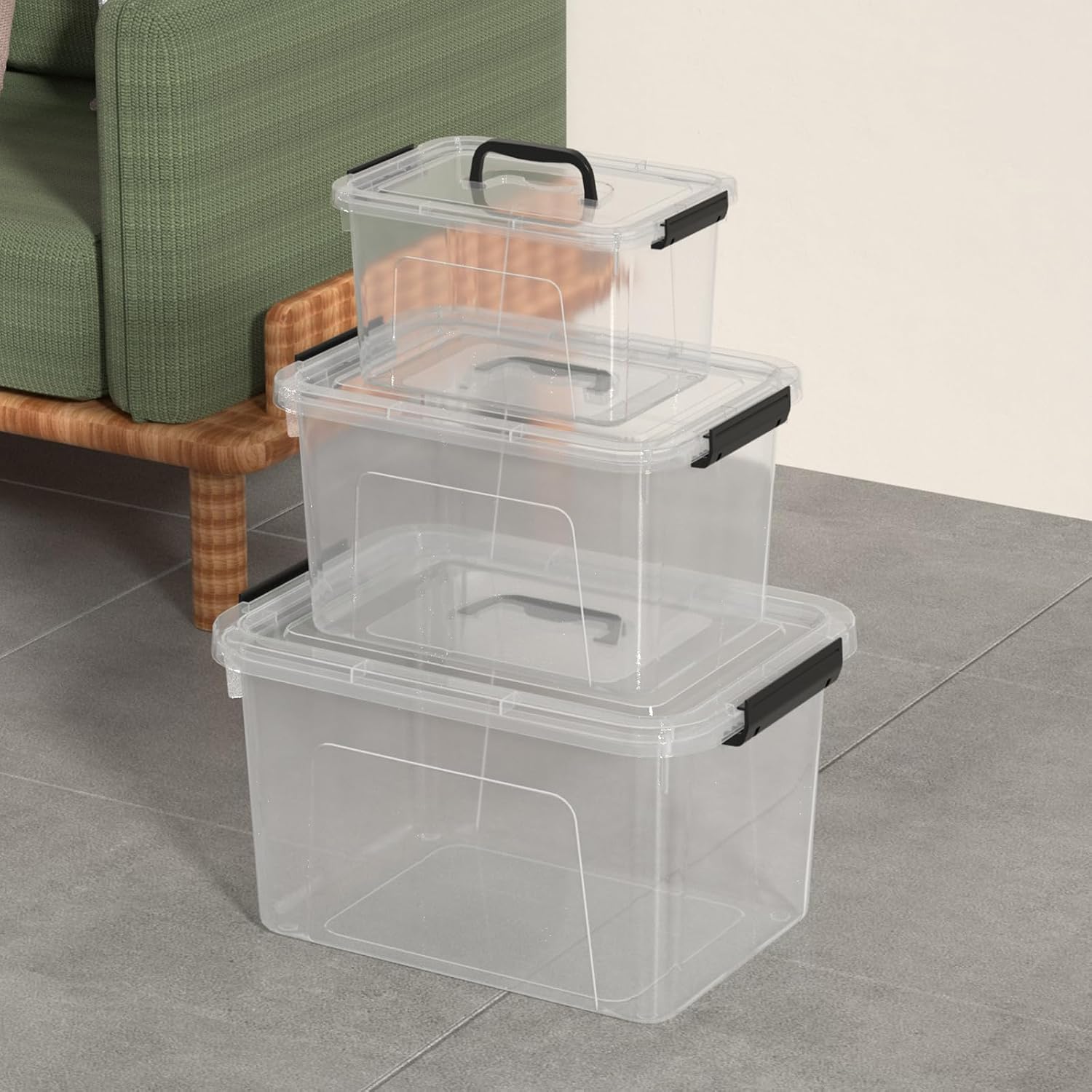 6 L Lidded Storage Bins, Clear Plastic Box with Handle, 4 Pack