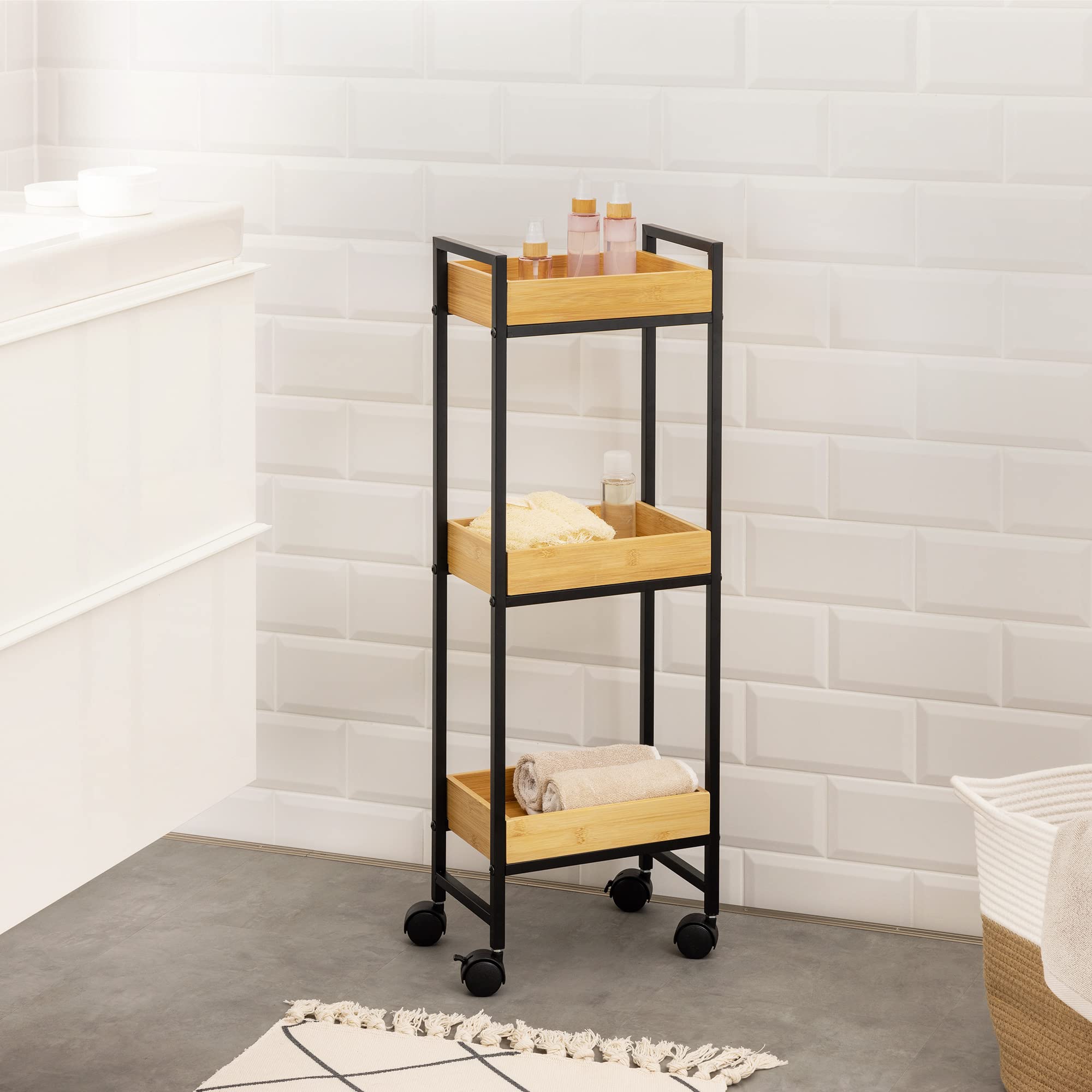 Chariot De Rangement Bambou Naturel Trois étagères Salle De Bain - Desserte