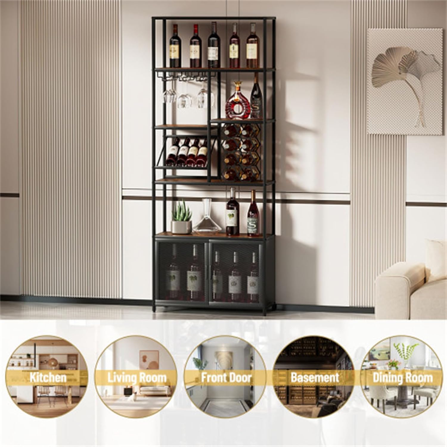 82.7 inch Industrial Vertical Wine Rack, Storage Rack with Glass Shelf, High Freestanding Floor Standing Bar Cabinet Kitchen Home
