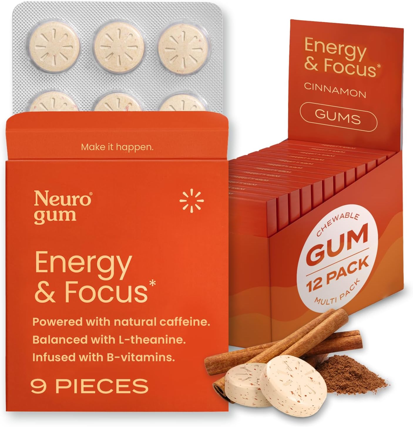Energy & Focus, Cinnamon, 12 Packs, 9 Pieces Each