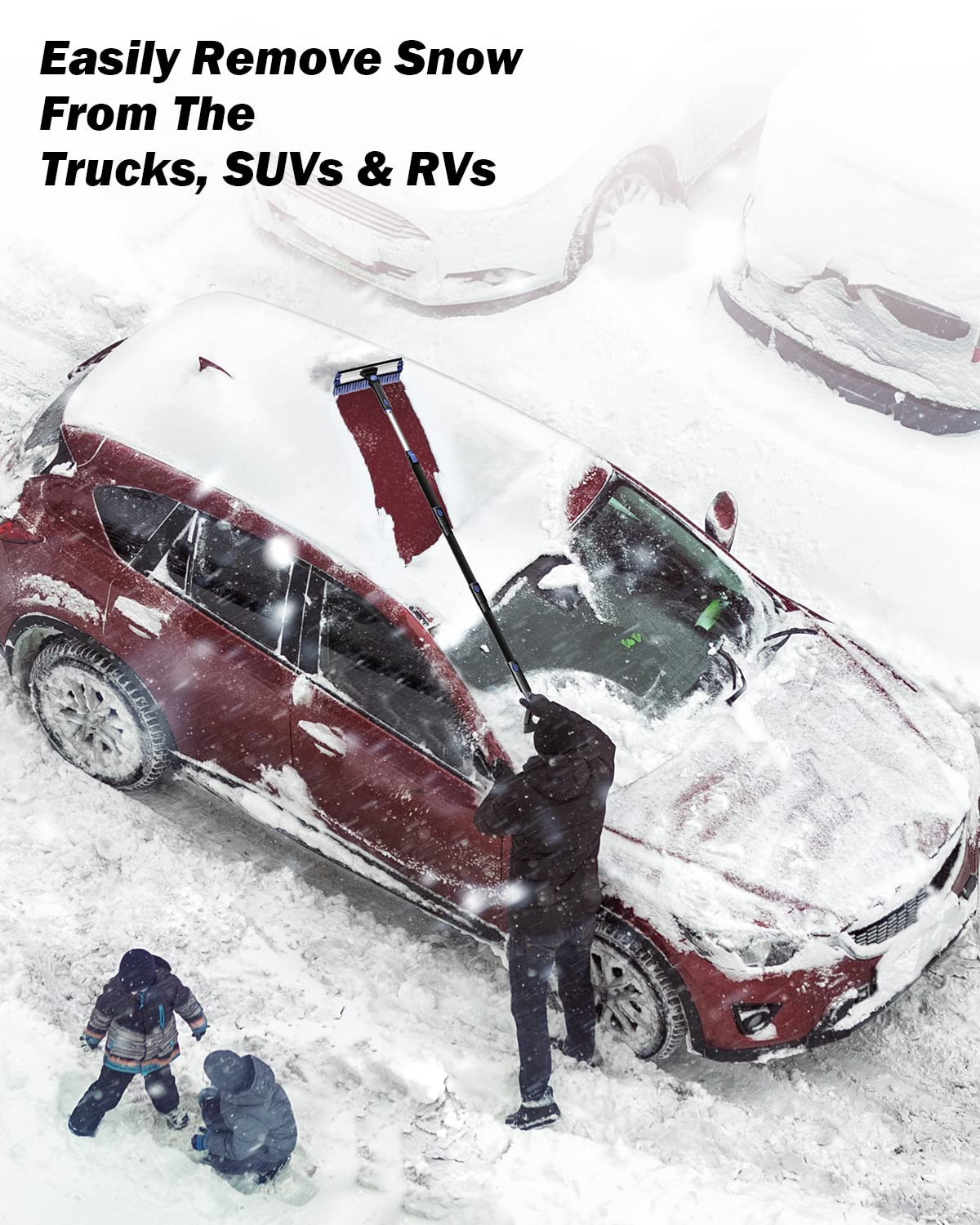 JOYTUTUS Rascador de hielo de 61.3 pulgadas y cepillo de nieve de mango largo, giratorio de 270° extensible para parabrisas de automóvil, agarre de espuma telescópica para raspador de hielo, removedor