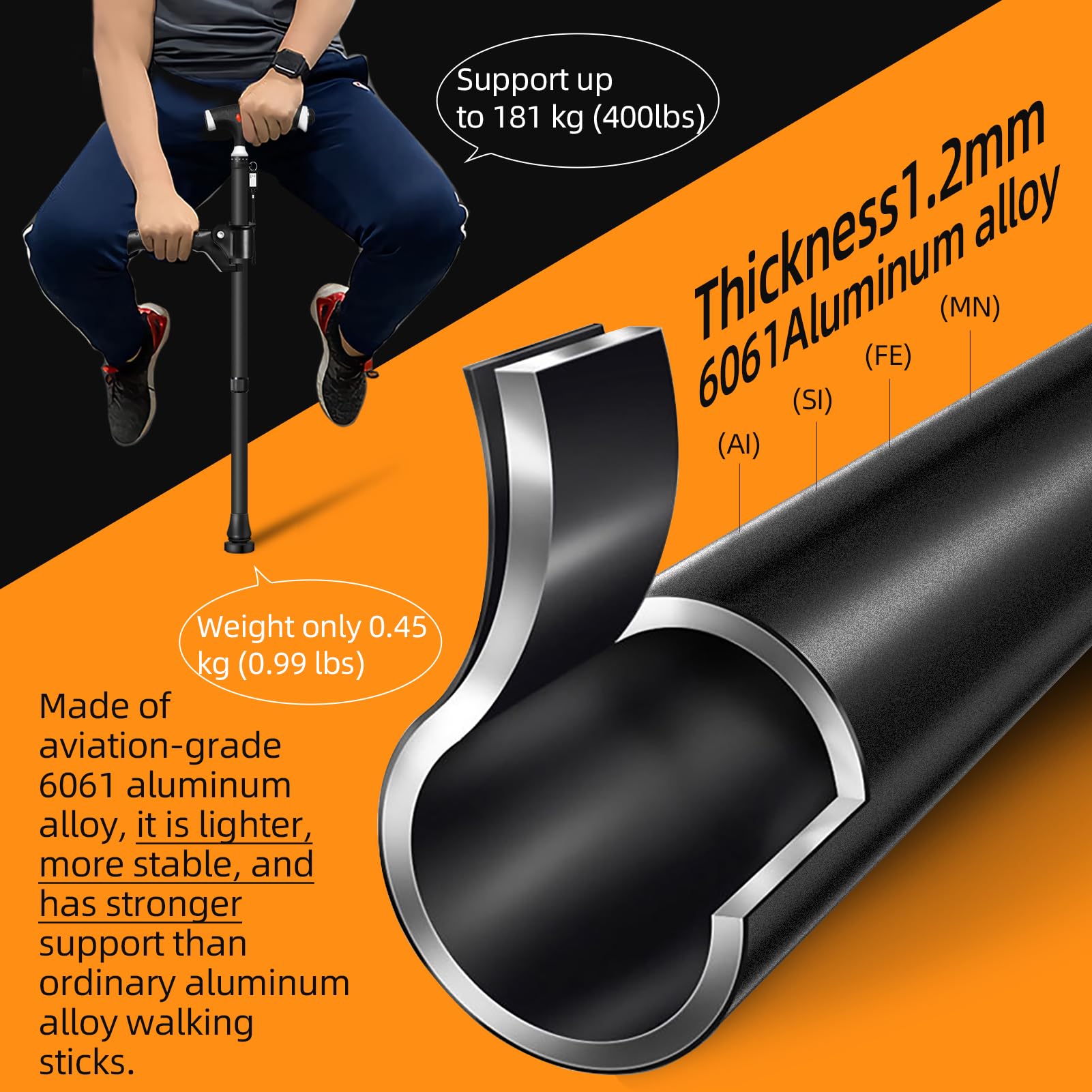 Bastones ajustables para hombres y mujeres con segundo mango para apoyo adicional, elegante bastón con luz adecuado para personas mayores y personas que sufren de diferentes tipos de