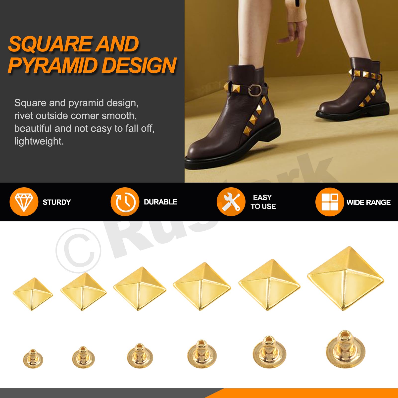 Rustark 150 Sets 6 Sizes 6mm 7mm 8mm 9mm 10mm 12mm Gold Pyramid Rivet Square Leather Rivets Kit Metal Studs Pyramid Rapid Rivet Studs Assortment Kit for DIY Leather Craft Decorations - Image 3