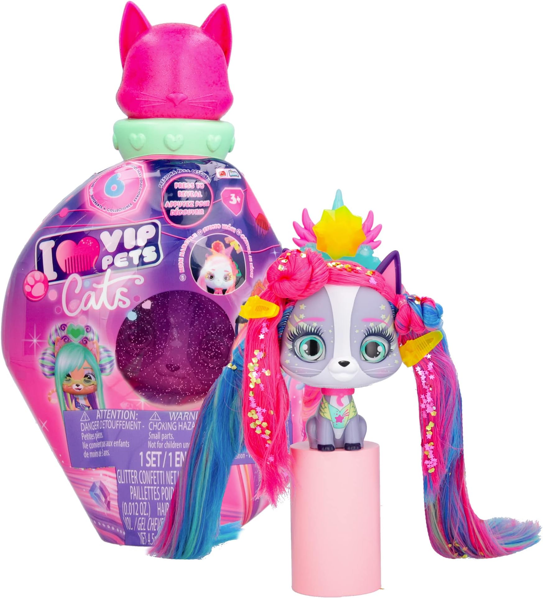 VIP Pets Cats Mystery Collectible Kittens Glow in the Dark with Long Hair Comb and 15 Accessories - Toy for Boys and Girls +3 Years