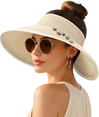 Womens Sun Visor Hats Wide Brim Straw Beach Hat Ponytail Hats for Women Foldable Floppy