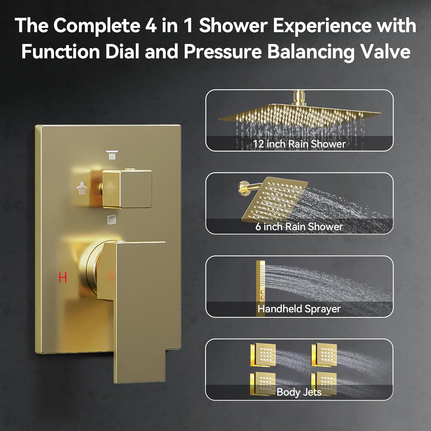 Brushed Gold Shower System with Body Jets, Bostingner 4 Way Shower Faucet Set with 2 in1 Handheld,Ceiling Mount 12 Inch Shower Head with 6 Inch Shower Head,4Pcs Body Jets With Dual Head Shower Set