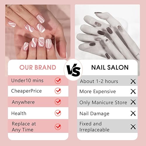 Miniatura 5 de Uñas postizas cortas a presión de San Valentín, con diseños de remolinos rosados y blancos, uñas postizas acrílicas reutilizables con pegamento,