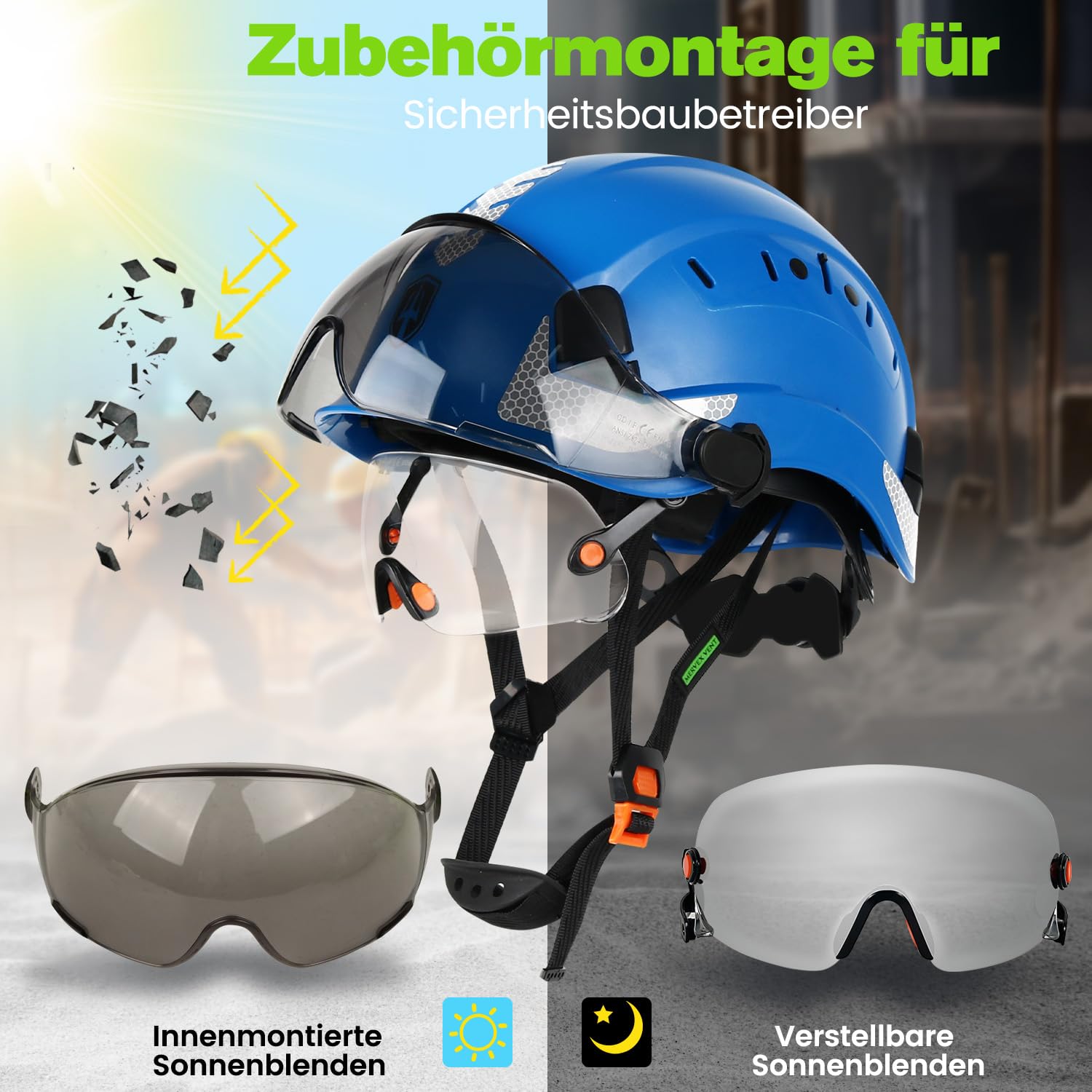 GREEN DEVIL Casque de protection industriel certifié EN397 et EN166 avec visière teintée + transparente | Casque de sécurité avec double visière pour la construction, l'artisanat et l'industrie |