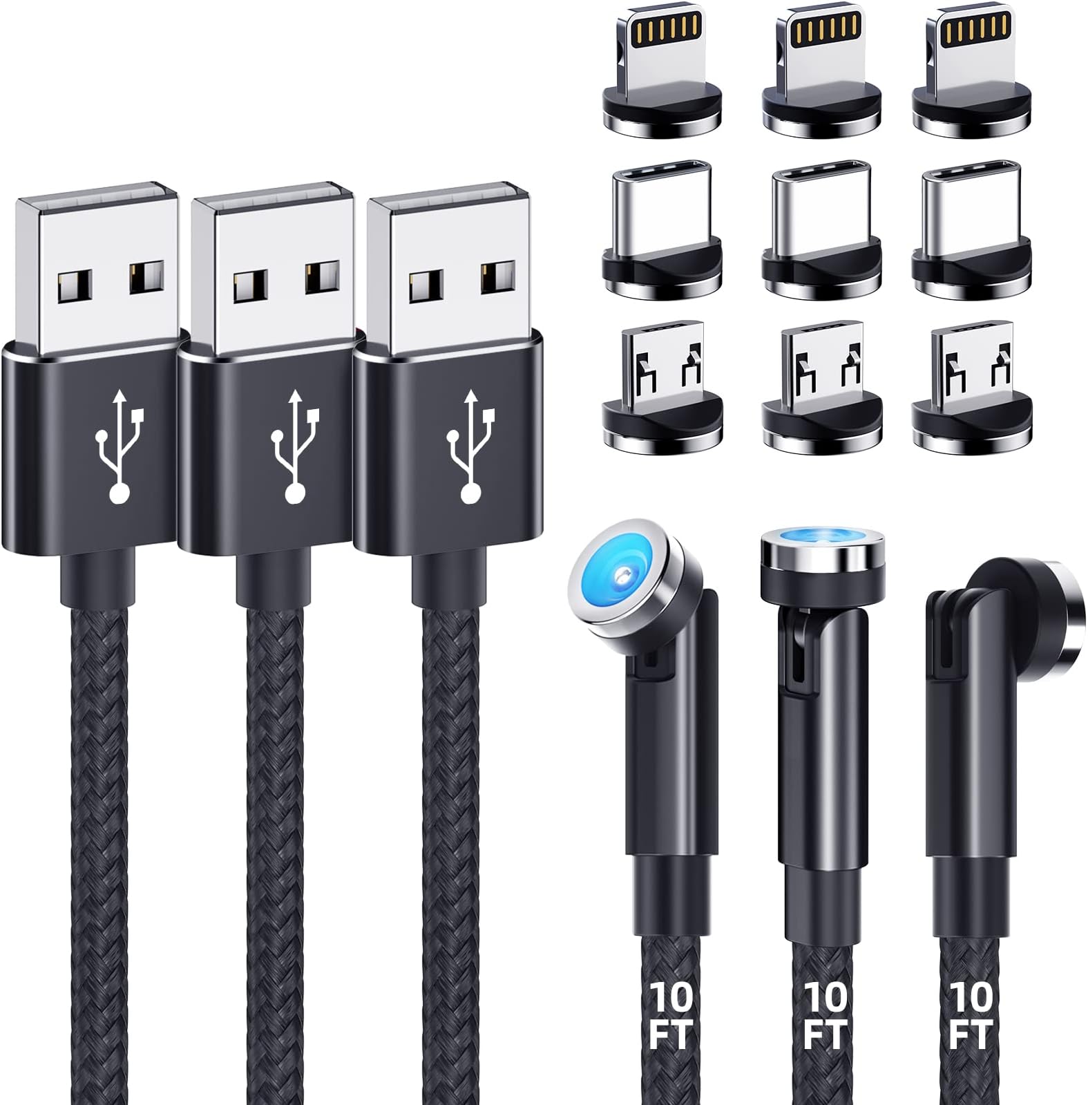 Magnetic Charging Cable [3-Pack,10FT/10FT/10FT] 540° Rotating Magnetic Phone Charger 3-in-1 Magnetic USB Cable with LED Light Nylon Braided Magnetic Charger for iProduct/Micro USB/Type C Device-Black