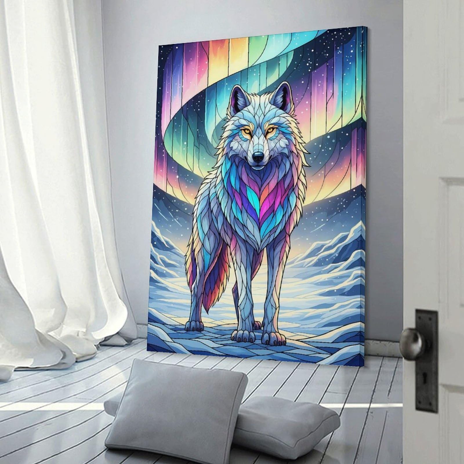 Junmoney Frame-Style-19 Decorative Wall Artwork Colorful Wolf Under Aurora Borealis, 12X18inch(30X45cm), For Contemporary Homes, Apartments Or Offices, An Easy Choice For New Home Styling