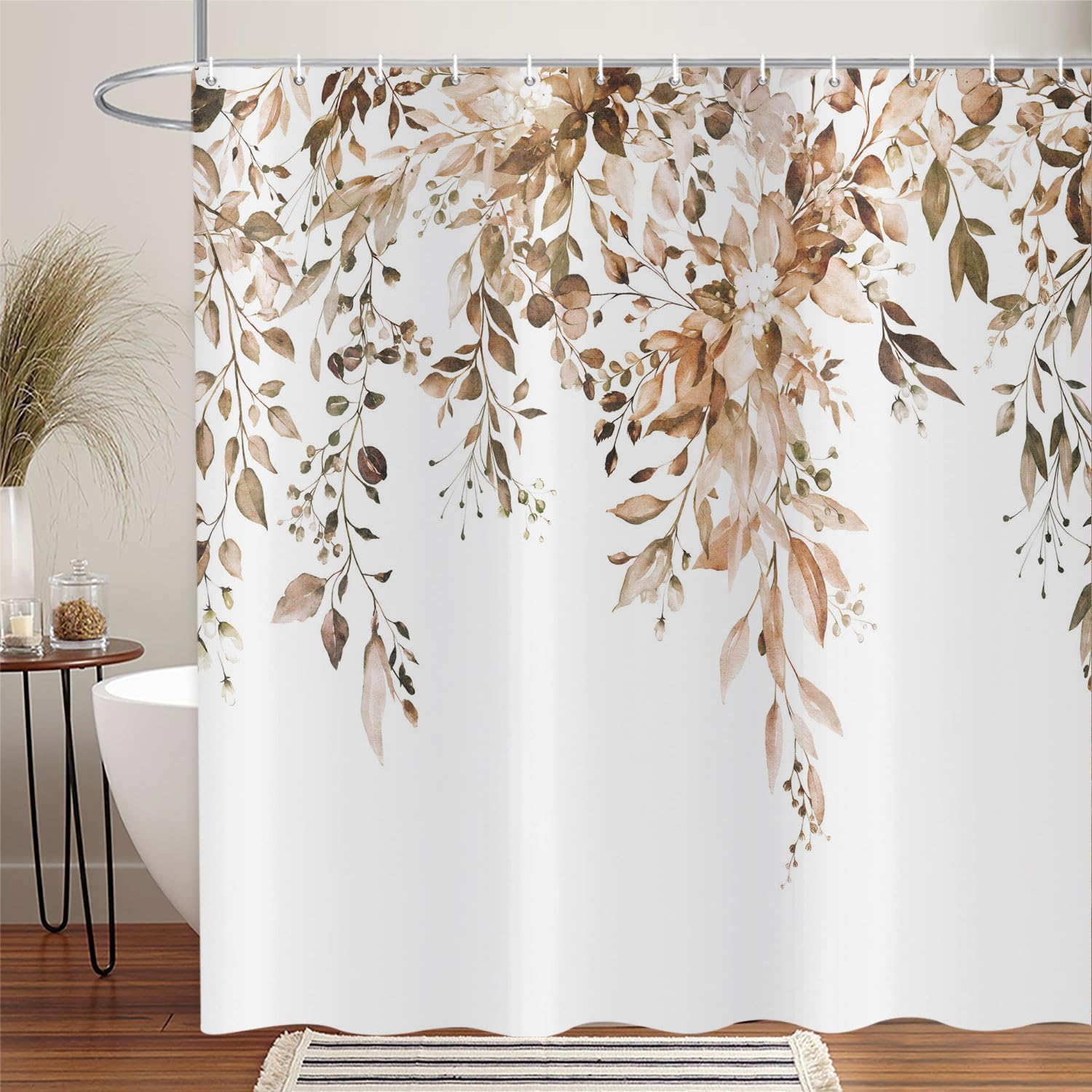 ASDCXZ Brown Eucalyptus Shower Curtain 165x180 cm, Spring Watercolor Eucalyptus Leaves Floral Plants Waterproof Bath Curtain Polyester Textile Washable Shower Curtains for Bathtub with 12 Hooks