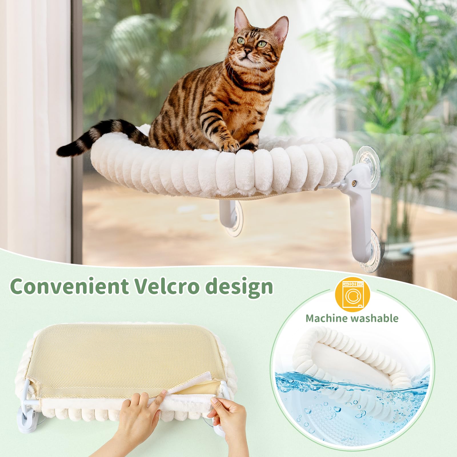 Sunhoo Cama plegable para ventana de gato, hamaca para alféizar de la ventana, asiento grande con ventosa para interiores, con cojín de felpa suave, lavable a máquina, 21.25 x 11.8 pulgadas (blanco, M